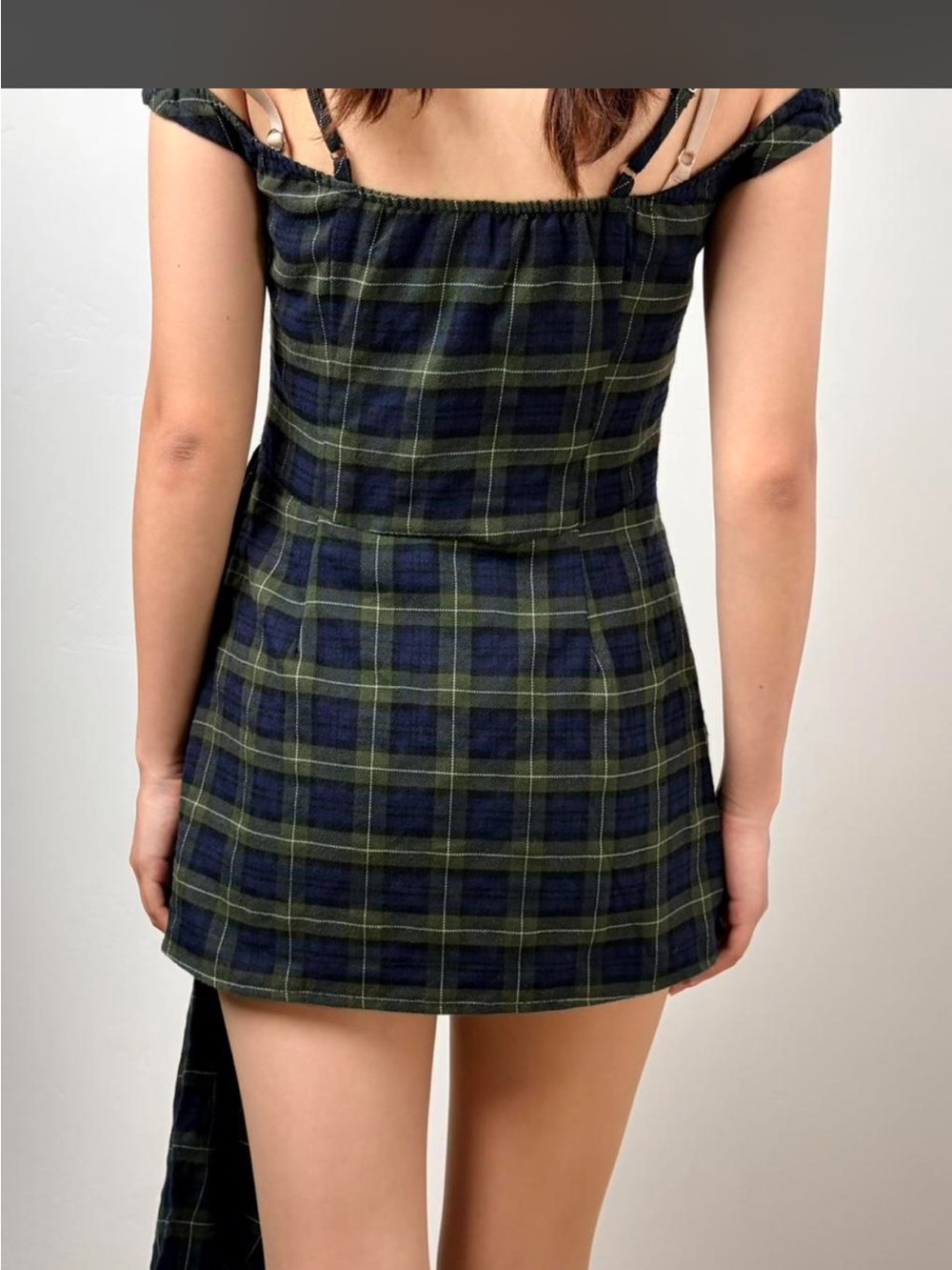 Cider - Plaid Asymmetric Dress with Draped Skirt and Lace Trim - Picture 2 of 5